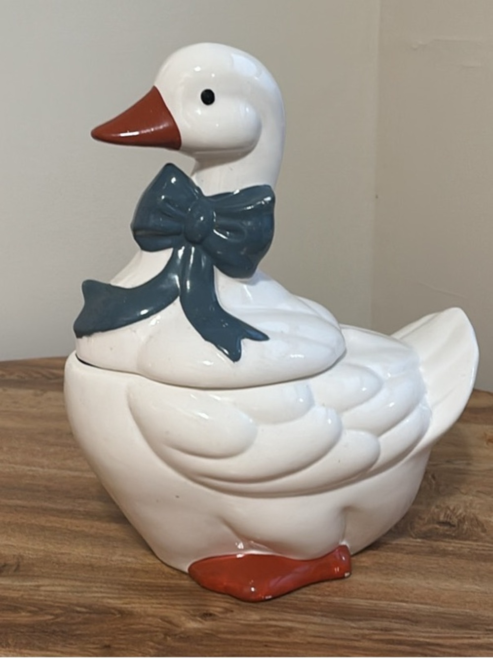 Vtg 80s Country Goose Blue Bow Ceramic Cookie Jar Cottage Core Grandma